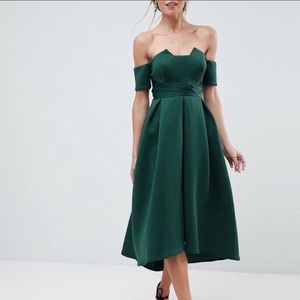 ASOS Green Pleated Bardot Midi Dress